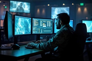 soldier in dark room monitors multiple computer screens